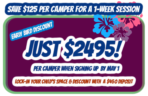 Graphic showcasing Aloha Beach Camp Hawaii's early bird discount to save over $125 per child at camp for summer 2024 when signing up for camp by May 1, 2024