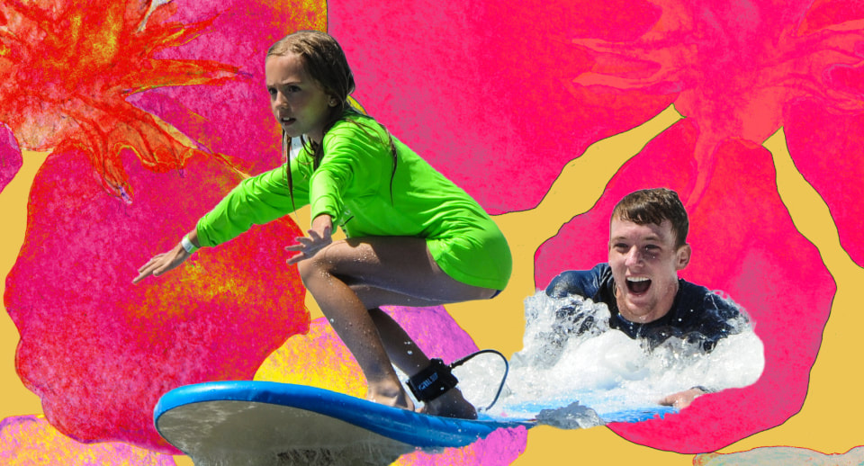 Colorful floral hawaiian background with camp counselor teaching a camper how to surf at aloha beach camp's hawaii summer camp