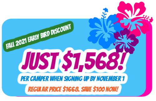 Aloha Beach Camp Hawaii's summer camp pricing photo graphic for 2022. Camp dates are August 1 - 6, 2022