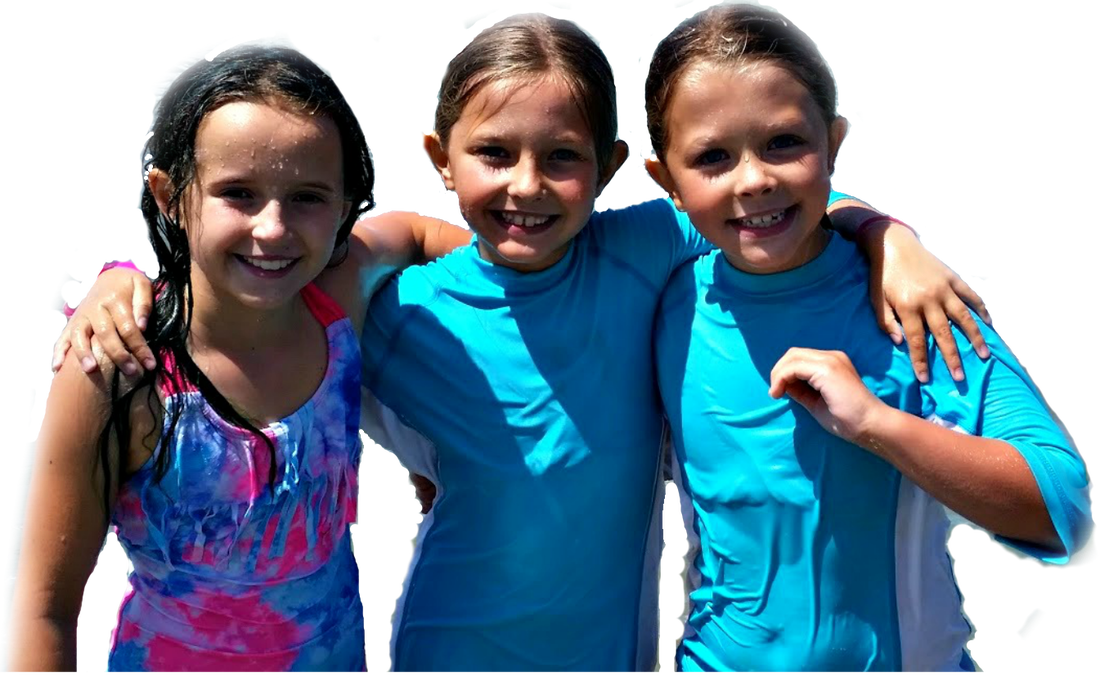 Three girls in their bathing suits and rash guards at Aloha Beach Camp's Hawaii Summer Camp inviting you to attend the program this summer.