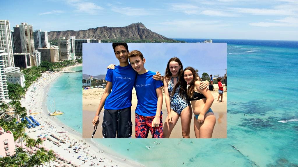 Waikiki Beach with Diamond Head in background and four campers (2 boys and2 girls) in an additional picture layed on top.