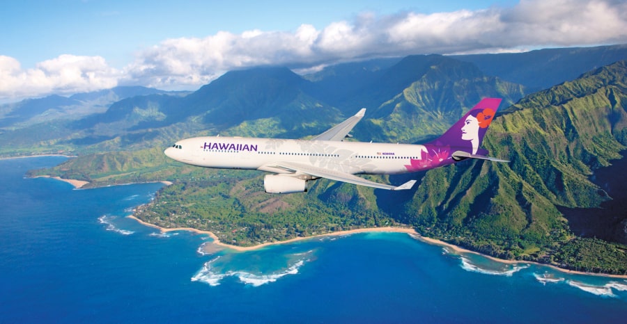 Hawaiian airlines airplane in the sky over the Hawaiian Islands