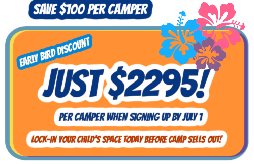 Early bird discount graphic for Aloha Beach Camp's Hawaii summer camp program for summer 2023.