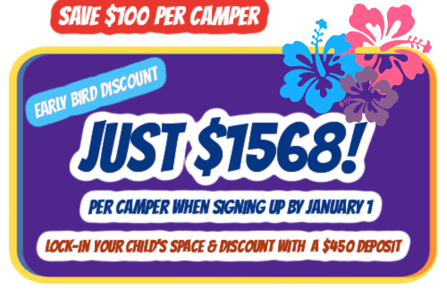 Aloha Beach Camp Hawaii early bird discount graphic for a single week enrollment for Hawaii summer camp 2022.
