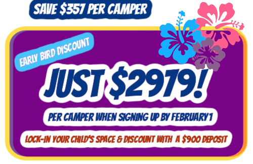 Aloha Beach Camp Hawaii early bird discount graphic for a two-week enrollment for Hawaii summer camp 2022.