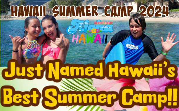 Two girls and one boy waving and being happy about Aloha Beach Camp Hawaii's recent award of being named Hawaii's best summer camp for 2023