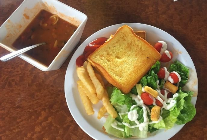 Soup, salad and grilled cheese sandwich which campers enjoy at camp.