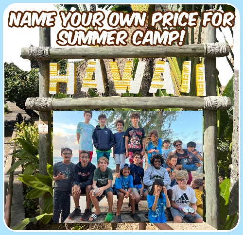 Summer camp Kids in front of a colorful Hawaii wooden sign at summer camp in Hawaii