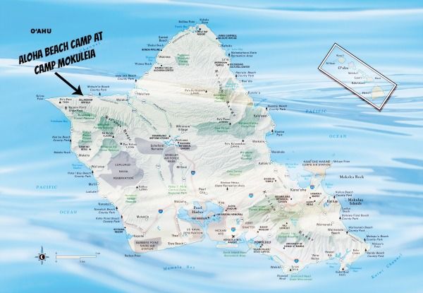 Map of Oahu, Hawaii identifying Aloha Beach Camp's Hawaii summer camp location at Camp Mokuleia